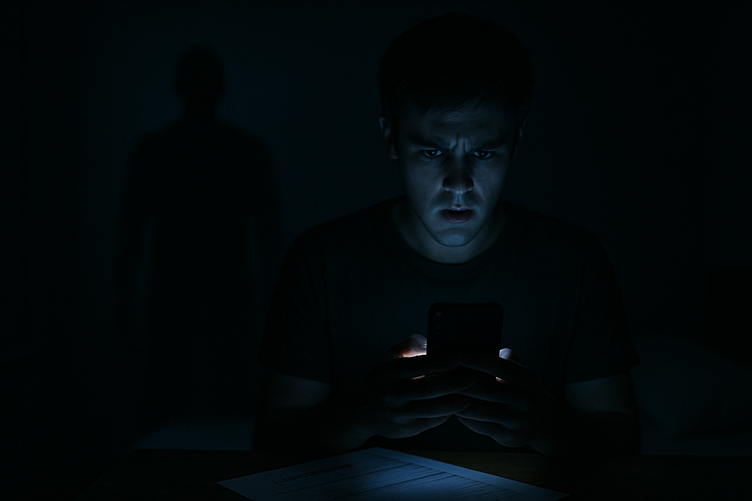 En person står ensam i ett mörkt rum, endast upplyst av ljuset från en smartphone, med en skugglik figur i bakgrunden